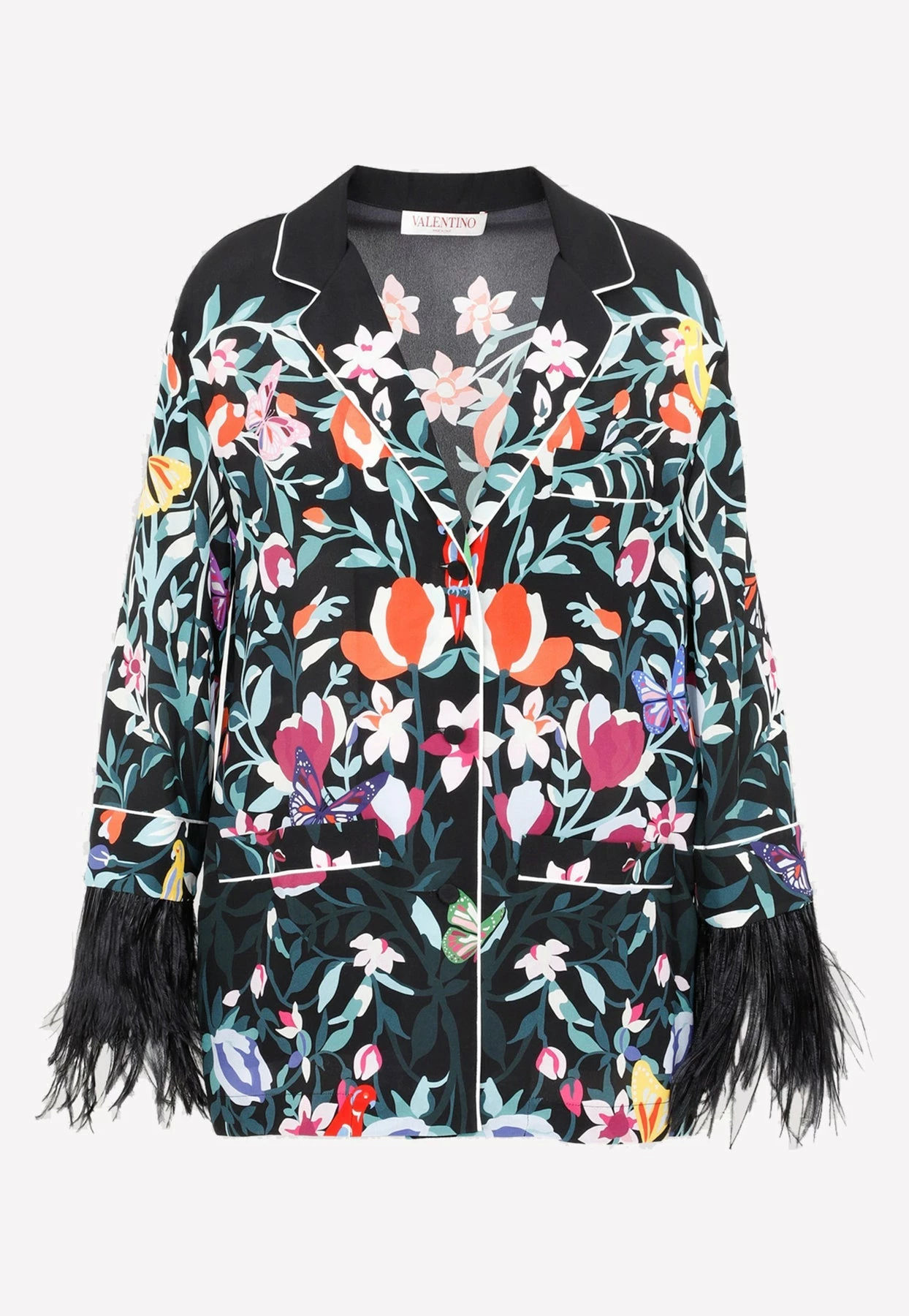 Valentino Feather-Trimmed Floral Silk Shirt Multicolor 1 Valentino Feather-Trimmed Floral Silk Shirt Multicolor