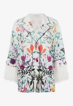 Valentino Feather-Trimmed Floral Silk Shirt Multicolor