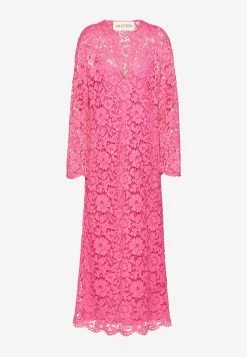 Valentino V Gold Floral Lace Kaftan Dress Fuchsia