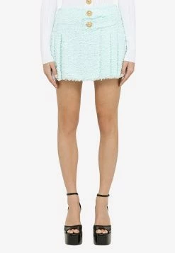 Balmain Pleated Mini Skirt In Wool Mint