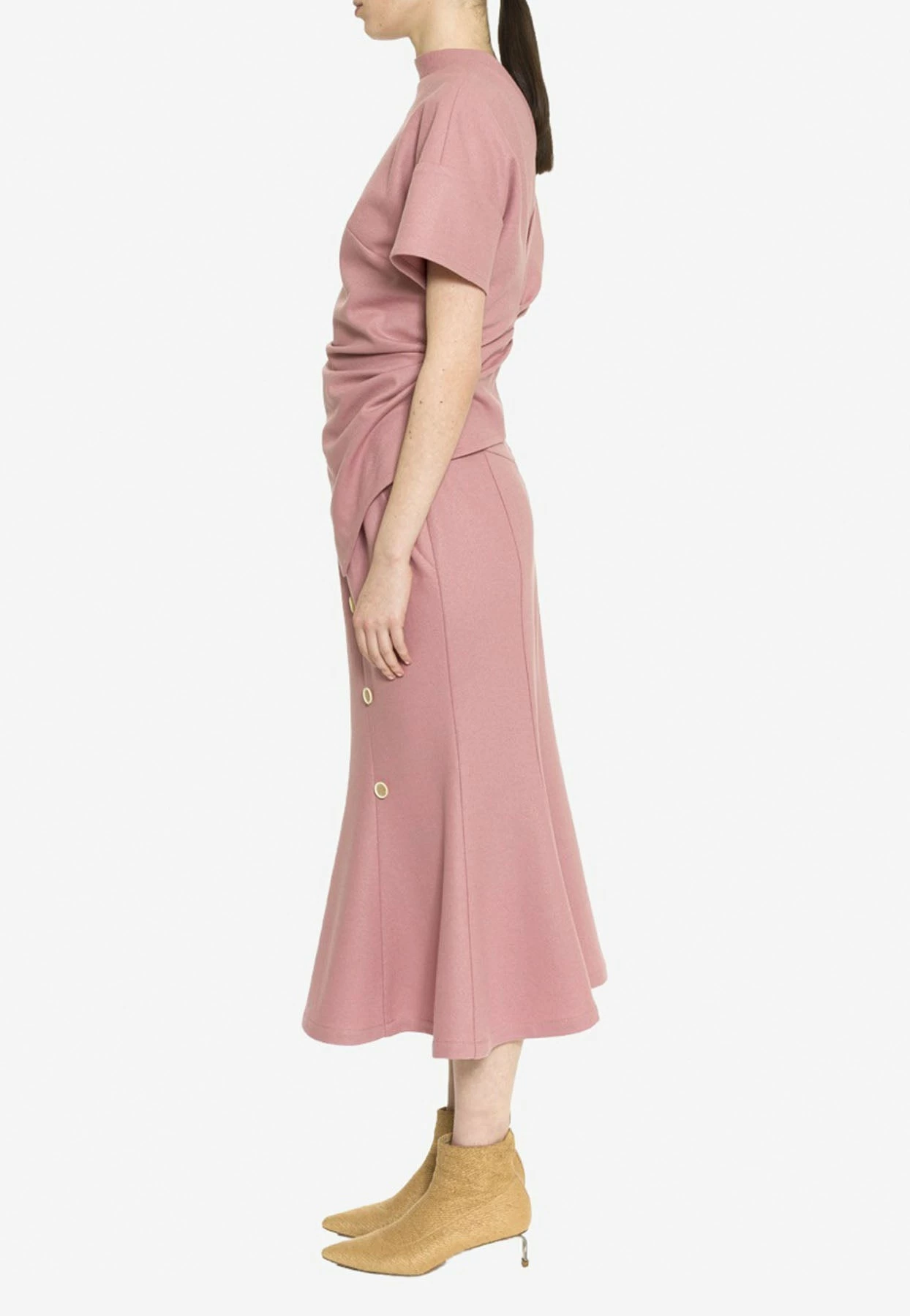 Dawei Flared Midi Skirt With Button Details Pink 2 Dawei Flared Midi Skirt With Button Details Pink - Image 2