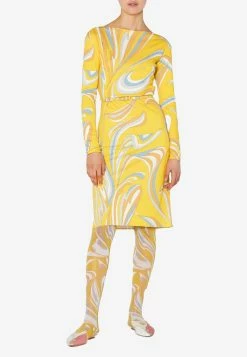 Emilio Pucci Marilyn Vortici Print Long-Sleeved Satin Dress Yellow