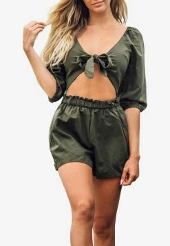 Les Canebiers Enchanteur Cropped Top And Shorts Set In Khaki Green