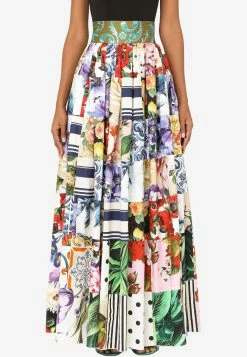 Dolce & Gabbana Patchwork Pleated Cotton Maxi Skirt Multicolor
