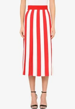 Dolce & Gabbana Pleated Stripe Cady Midi Skirt Red