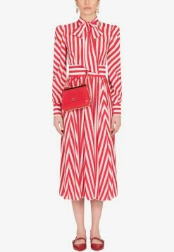 Dolce & Gabbana Striped Silk Midi Dress With Self-Tie Bow Red
