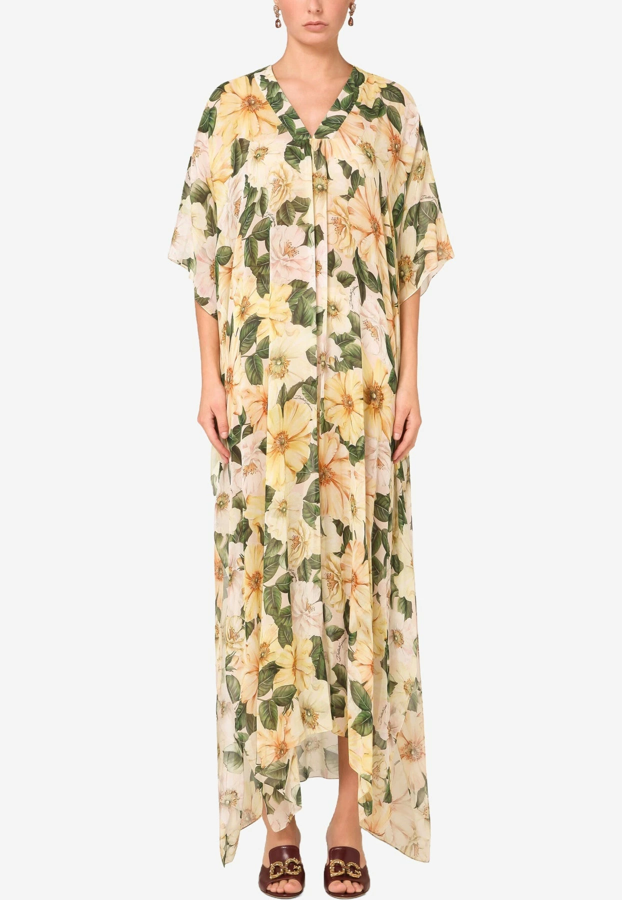 Dolce & Gabbana Camellia Print Silk Georgette Caftan Dress Yellow 1 Dolce & Gabbana Camellia Print Silk Georgette Caftan Dress Yellow