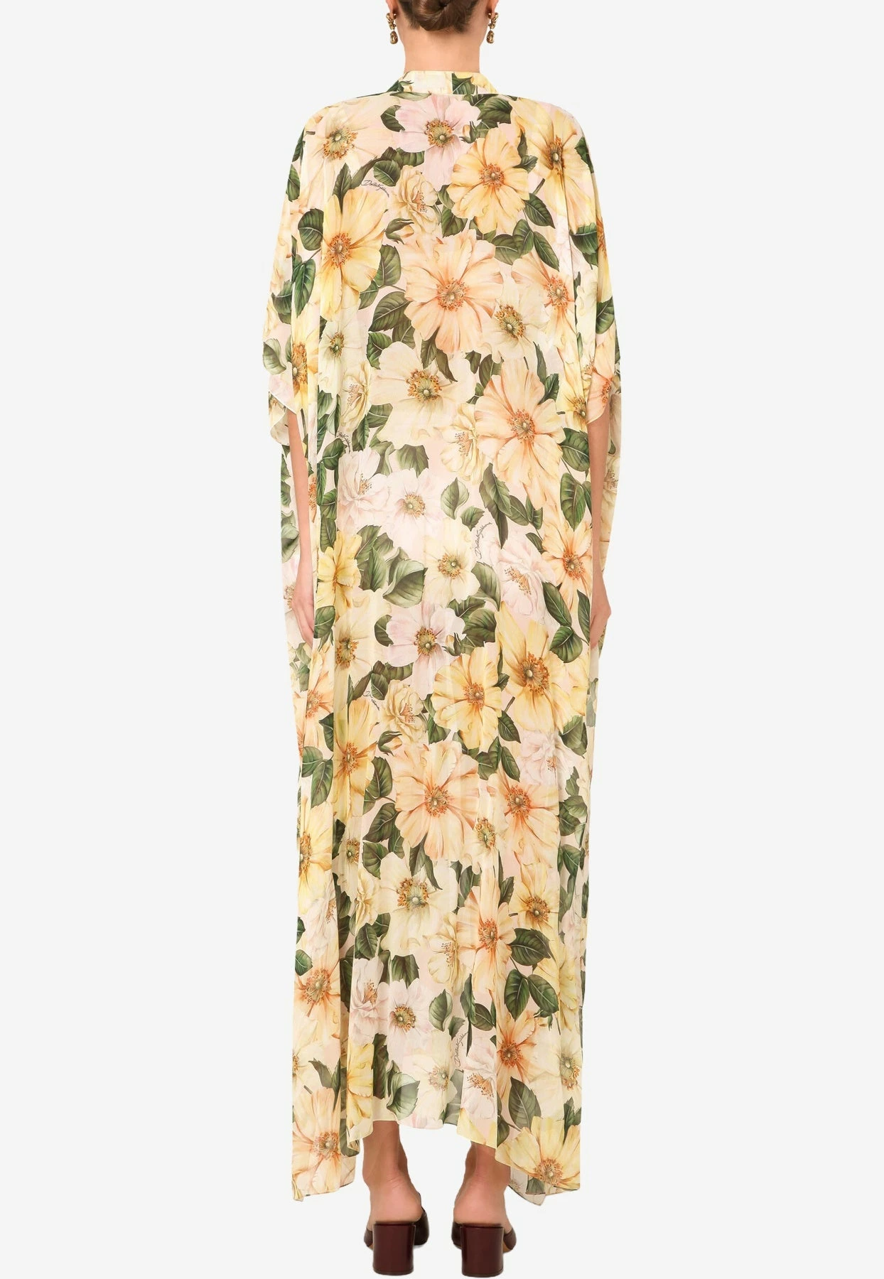 Dolce & Gabbana Camellia Print Silk Georgette Caftan Dress Yellow 3 Dolce & Gabbana Camellia Print Silk Georgette Caftan Dress Yellow - Image 3