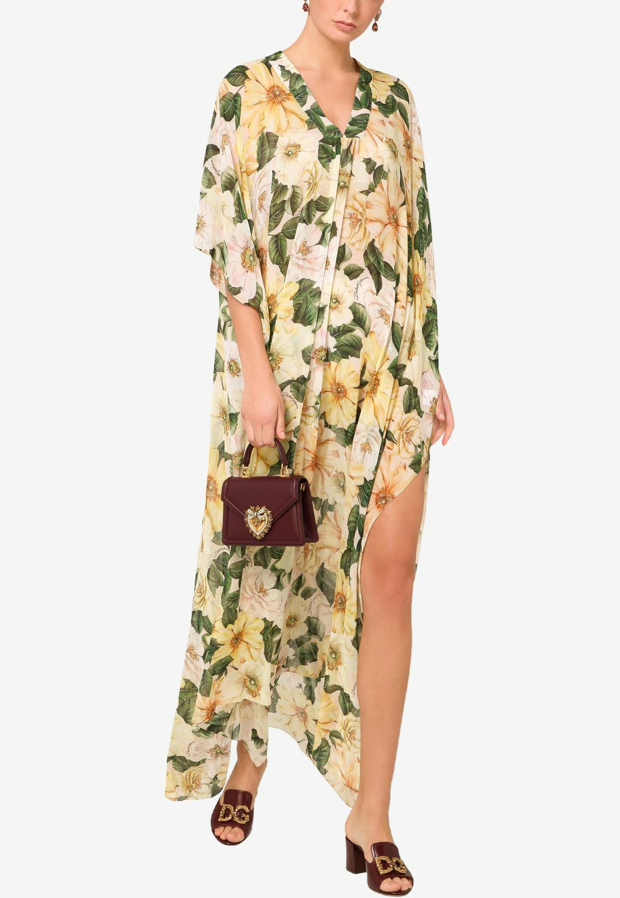 Dolce & Gabbana Camellia Print Silk Georgette Caftan Dress Yellow 2 Dolce & Gabbana Camellia Print Silk Georgette Caftan Dress Yellow - Image 2