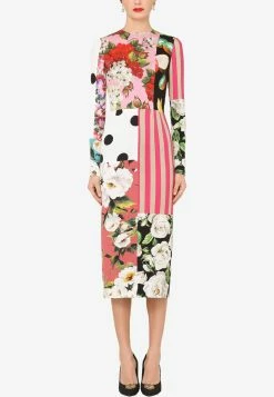Dolce & Gabbana Long-Sleeved Patchwork Silk Midi Dress Multicolor