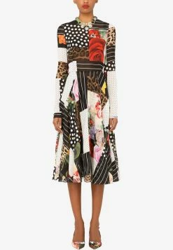 Dolce & Gabbana Patchwork Long-Sleeved Chiffon Flared Dress Multicolor
