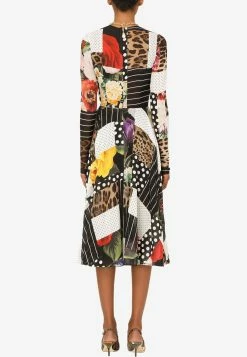 Dolce & Gabbana Patchwork Long-Sleeved Chiffon Flared Dress Multicolor -Evening Dresses Popular Store f6l0ktgdx84 s9000 1