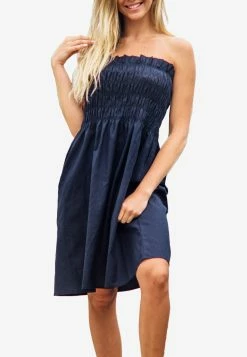 Les Canebiers Mer Smocked Tube Dress In Navy Blue