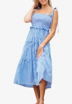 Les Canebiers Valensole Stripe Tiered Midi Dress In Blue Vichy Blue