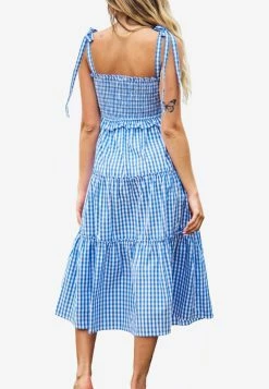 Les Canebiers Valensole Stripe Tiered Midi Dress In Blue Vichy Blue -Evening Dresses Popular Store valensole blue vichy 3
